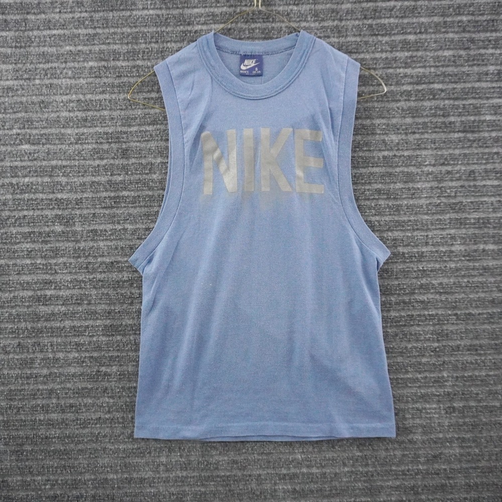 Vintage 80s Nike Muscle Tank Top Mens S Blue Silver Logo Sleeveless USA Made
